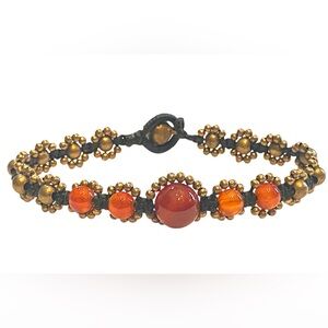 Boho Carnelian Stone Macrame Brass Beaded Bracelet